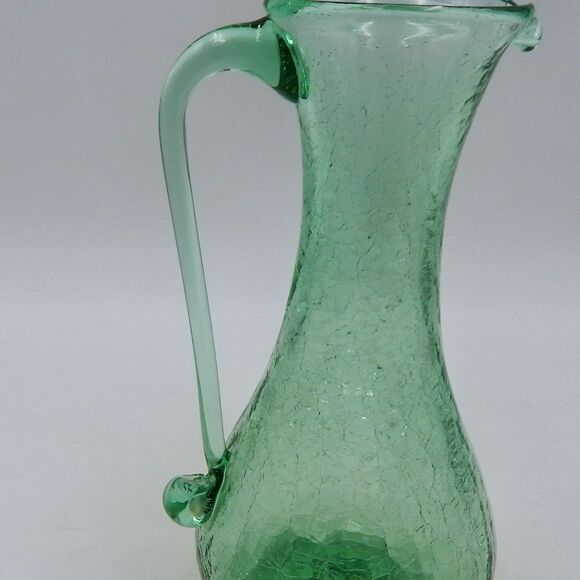 Crackle Glass Mini Pitcher Cruet Hand Blown 7 Inch Green Applied Handle - Picture 5 of 9
